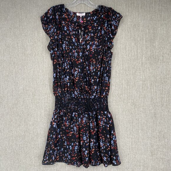 Parker Dress Womens Large Black Floral Mini Smocked Cap Sleeve Shift Flutter NEW - Picture 2 of 12